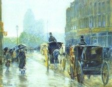 hassam horse-drawn cabs at evening, new york c1890. , 