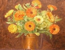Still life of marigolds in a brass vase. Bulleid  