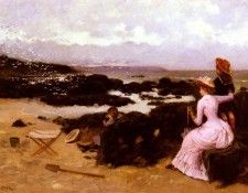 Duez Ernest Ange Femme Et Enfants Sur La Plage. Duez  