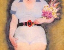 lebedev young girl in a jersey holding a bouquet 1933. 