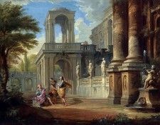 AN ARCHITECTURAL CAPRICCIO WITH TWO SOLDIERS ADDRESSING A YOUNG MAN, FIGURES ON A BALCONY BEYOND. ,  