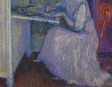 butler girl in lavender seated at desk 1908. ���������