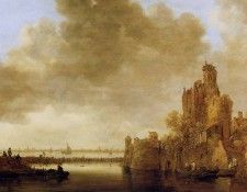 Goyen van Jan River landscape with tower Sun. ,  