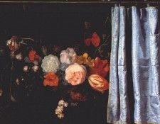 van der spelt flower still life with curtain 1658. ,  
