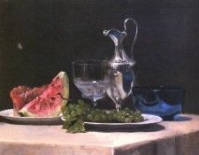 Still life study of silver glass and fruit. Lafarge, 