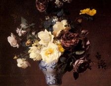 Rivoire Francois Roses And Other Flowers In A Blue And White Vase. Rivoire 