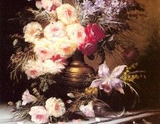 Carlier Modeste Still Life With Assorted Flowers In A Brass Vase. , 