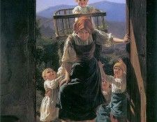 Heimkehrende Mutter mit ihren Kindern.   