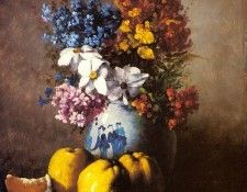 Ribot Germaine Theodore A Still Life With A Vase Of Flowers And Fruit. ,  Theodule 