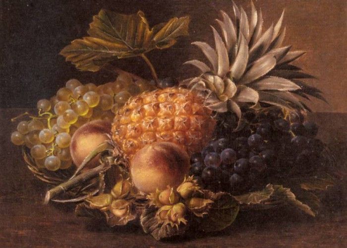 Jensen Johan Laurentz Grapes a Pineapple Peaches and Hazelnuts In A Basket. ,  Laurentz