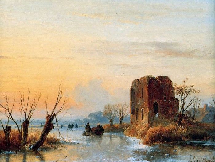 Schelfhout Andreas Ruin in winter landscape Sun. Schelfhout, 