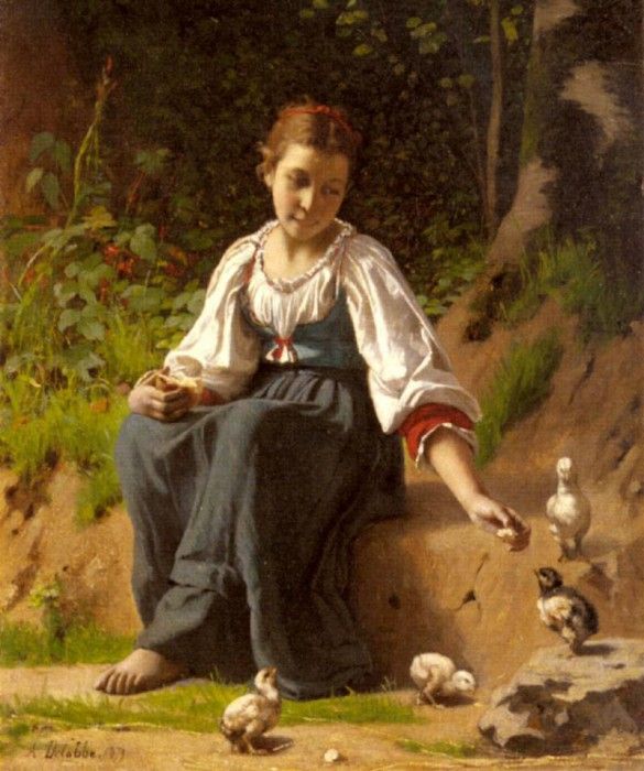 Delobbe Francois Alfred A Young Girl Feeding Baby Chicks. Delobbe  