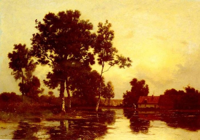 Richet Leon Paysage De Riviere Au Crepuscule. , 