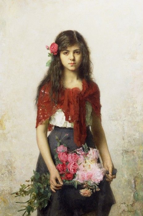     [Young girl with blossoms]. ,  