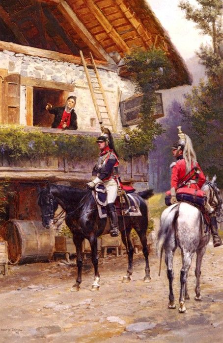 Detaille Jean Baptiste Edouard Mounted First Empire Dragoons In Front Of A Country House.  