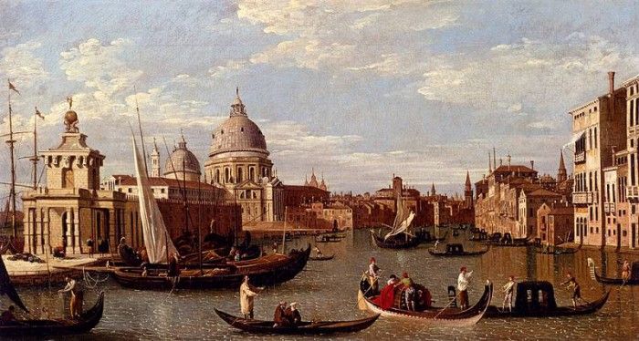 Canal Giovanni Antonio View Of The Grand Canal And Santa Maria Della Salute With Boats And Figures In The Foreground Venice. 