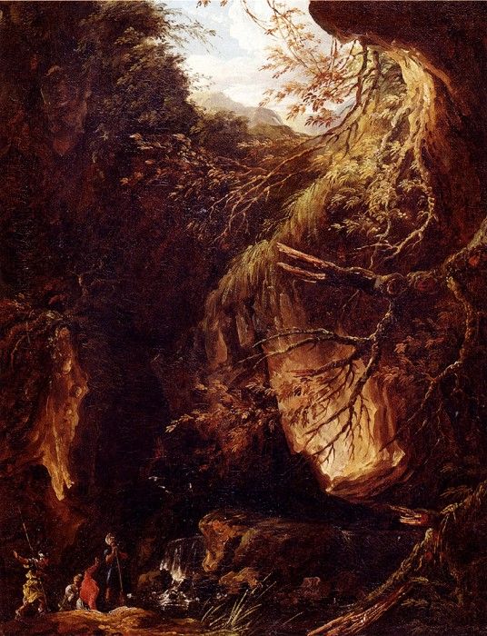 Robert Hubert Figures By A Waterfall In A Wooded Landscape.  