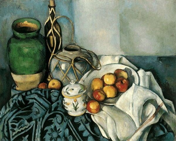 CeZANNE Stilleben med fruktallrik pA en tapet,1893-94, Priva. , 