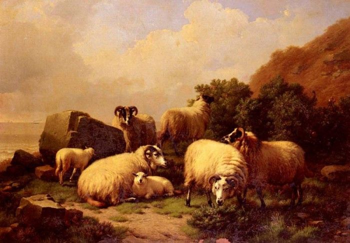 Verboeckhoven Eugene Joseph Sheep grazing By The Coast. Verboeckhoven,  