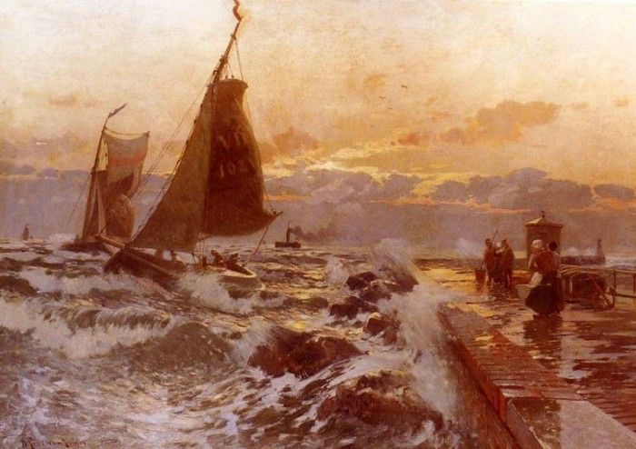 Petersen Angeln Heinrich Sailing Ships Returning In Heavy Seas. ,  Angeln