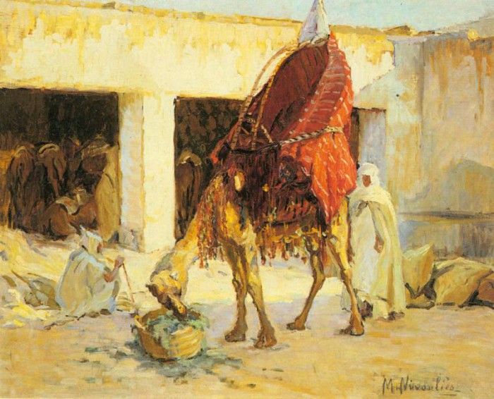 Nivoulies Marie Arabs And Camels In A Courtyard. Nivoulies, 