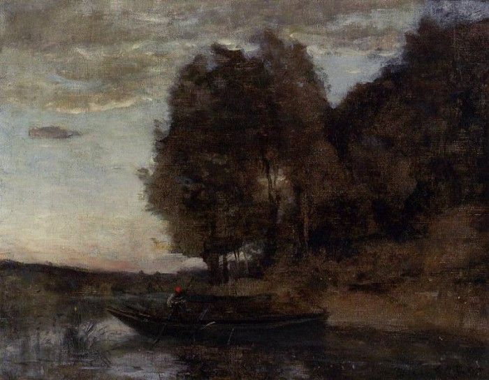 Corot Fisherman Boating along a Wooded Landscape. , --