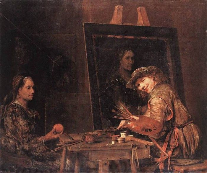 GELDER Aert de Self Portrait At An Easel Painting An Old Woman. ,  