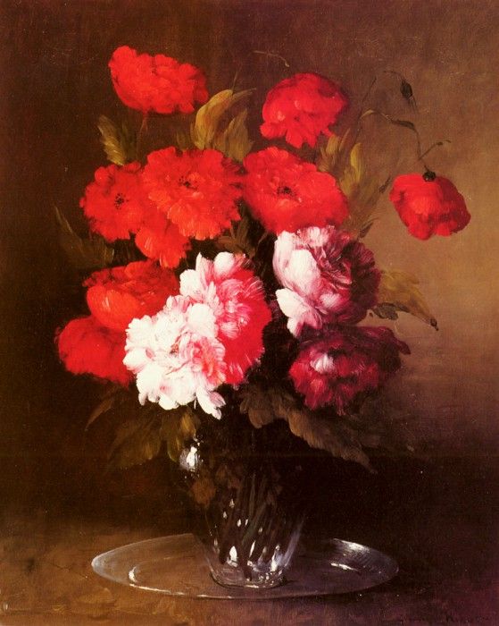 Ribot Germain Theodore Pink Peonies And Poppies In A Glass Vase. ,  Theodule 