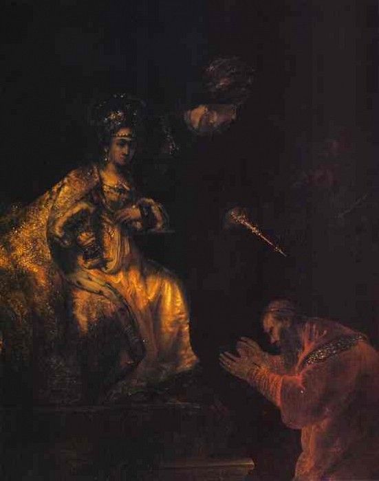 Rembrandt - Haman Begging Esther for Mercy.    