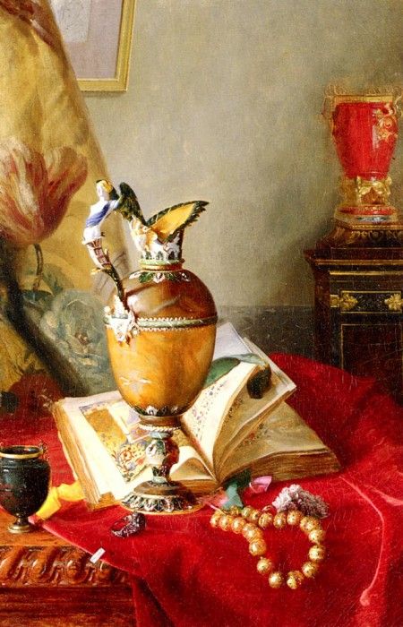 Desgoffe Blaise Alexandre A Still Life With Urns And Illuminated manuscript On A Draped Table. Desgoffe,  