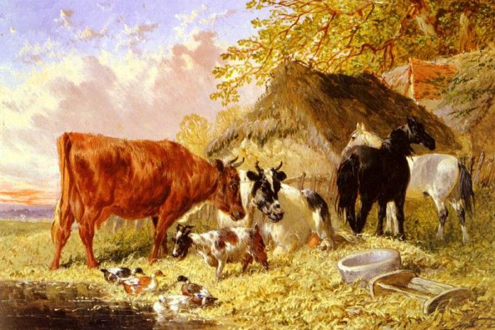 Herring Jnr John Frederick Horses Cows Ducks and a Goat By A Farmhouse. ,  