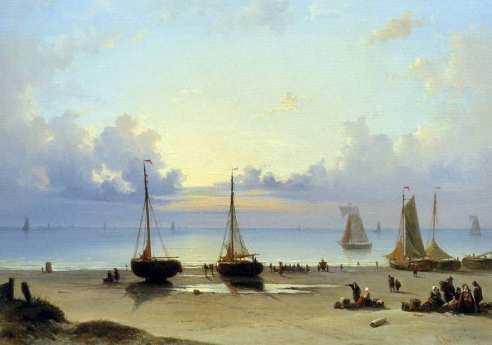 Koster Everhardus Ships and fishermen on the beach Sun . , Everhardus