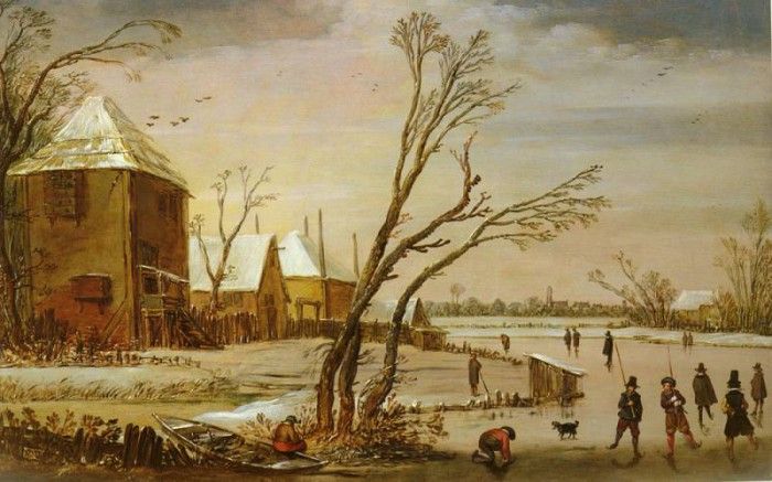 De Velde Esaias Van (Amsterdam) 1590 to 1630 A Winter Landscape With Skaters On A Frozen River S. ,  Van De