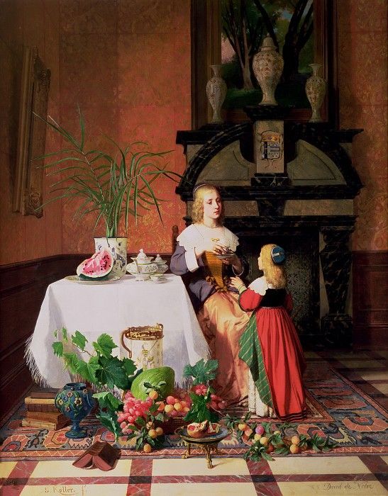 Interior with figures and fruit. ,    
