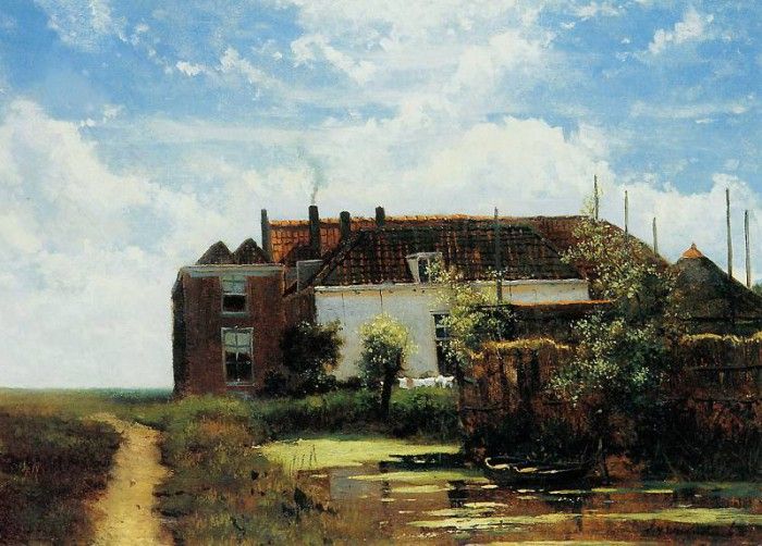 Weissenbruch Jan Farm beside canal in polder Sun. Weissenbruch,  