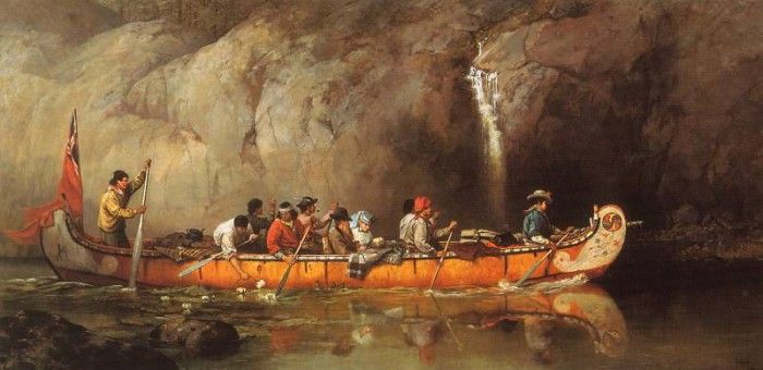 Hopkins, Frances Anne - Canoes Manned by Voyageurs Passing a Waterfall (end. ,  