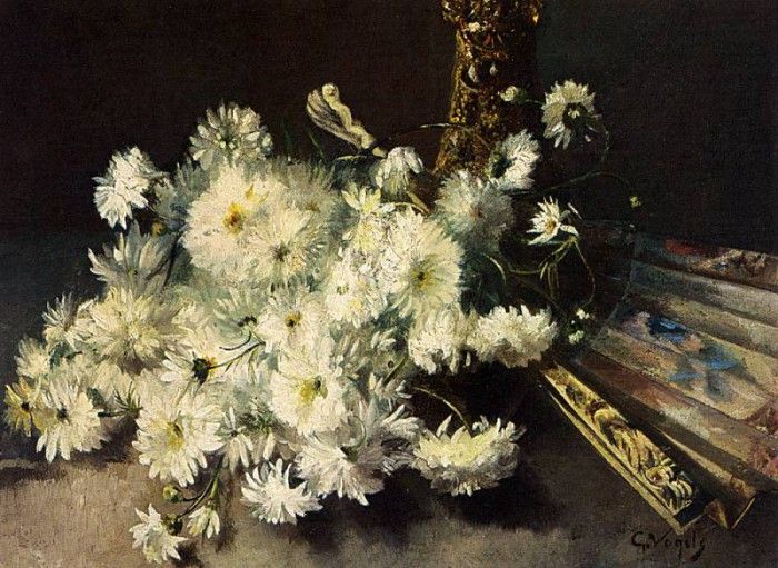 Vogels Guillaume A Still Life With Chrysanthemums And A Fan. Vogels, 