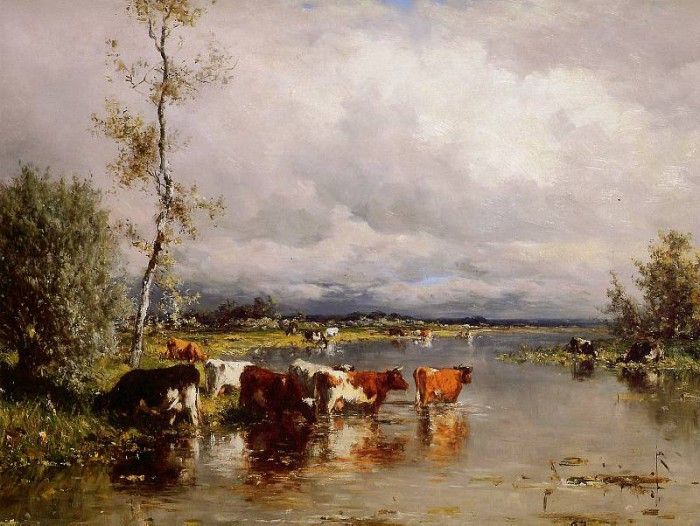 Roelofs Willem River landscape with cows Sun. , 