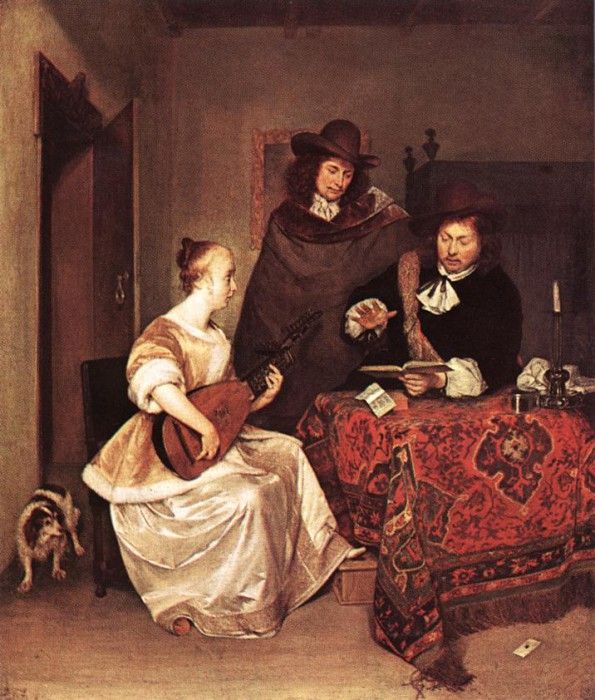 A Young Woman Playing a Theorbo to Two Men WGA.  