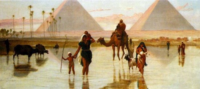 arabs crossing a flooded field by the pyramids. , 