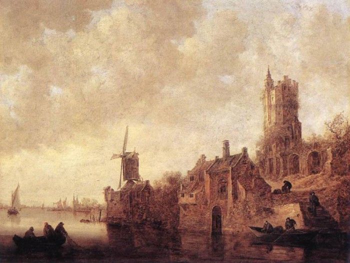 Goyen Jan van River Landscape with a Windmill and a Ruined Castle. ,  