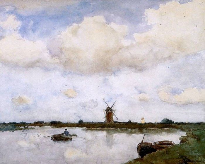 Weissenbruch Johannes Hendrik Mill at the lake Sun. Weissenbruch,  