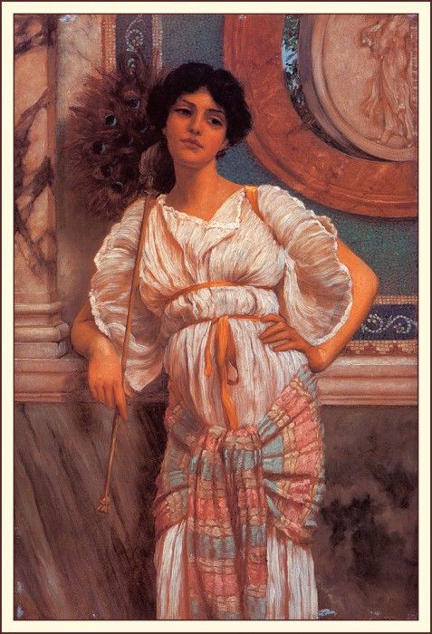 bs-ahp- John William Godward- A Classical Beauty With A Peacock Fan. ,  