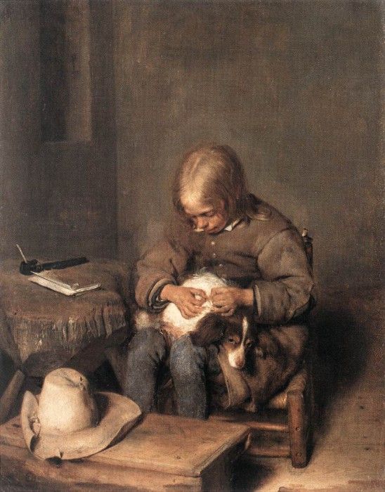 Boy Ridding his Dog of Fleas WGA.  