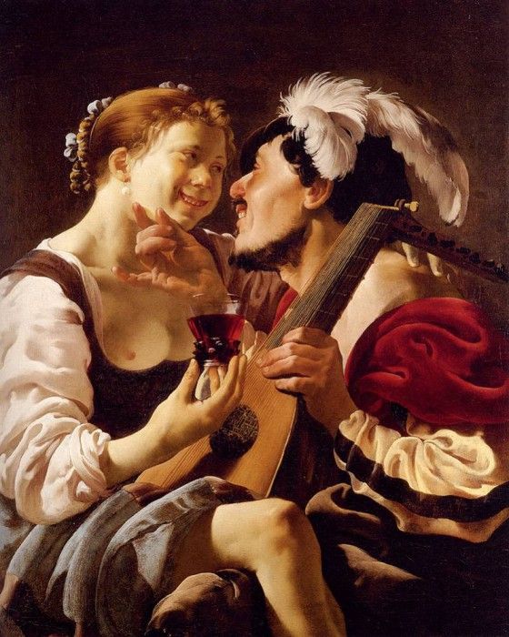 Terbrugghen Hendrick A Luteplayer Carousing With A Young Woman Holding A Roemer. Terbrugghen, 