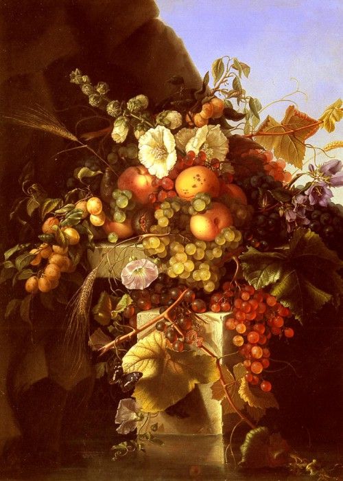 Dietrich Adelheid Still Life With Grapes Peaches Flowers And A Butterfly. , 