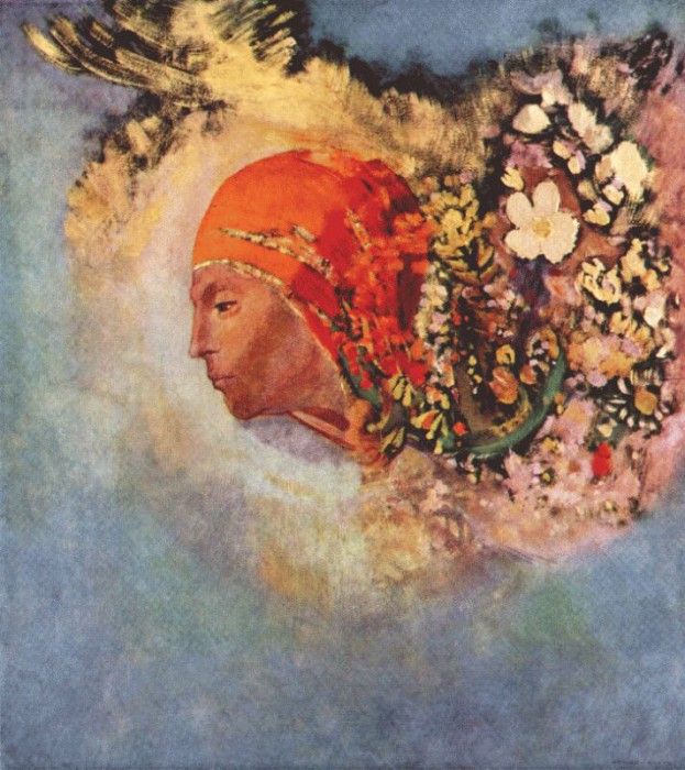 redon head with flowers c1895.  