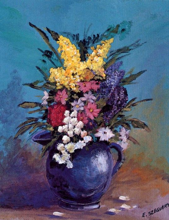 E Szegvary - Flowers in Vase (mouthpainted), De. Szegvary, E