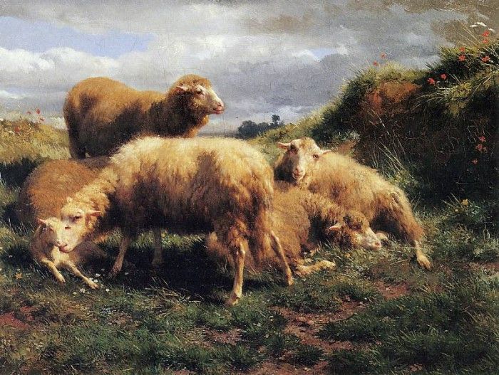 Bonheur Rosa-Marie Landscape with sheeps Sun. , -