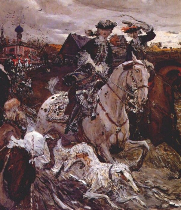 serov peter ii and princess elizabeth riding to hounds 1900. , 